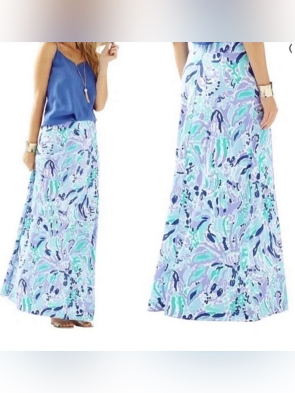 Lilly Pulitzer Pastel Floral Maxi Skirt in Lavender and Aqua